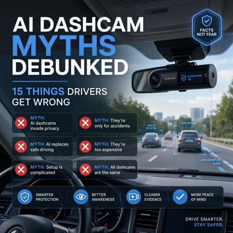 Infographic debunking AI dashcam myths, featuring a mounted dashcam inside a vehicle overlaying road safety alerts and listing six common driver misconceptions about privacy, cost, and functionality.