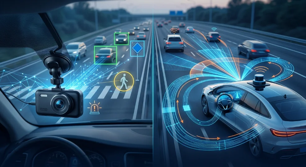 Split diagram comparing an AI dashcam analyzing visual road hazards on the left with a fully autonomous car using 360-degree LiDAR and sensor mapping on the right.
