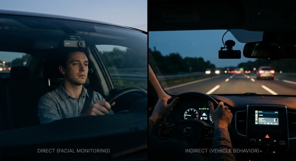 Comparison of direct facial monitoring and indirect vehicle behavior monitoring using AI dashcam for driver drowsiness detection.