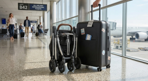 Lightweight travel stroller folded beside luggage