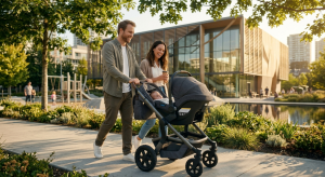 Parents walking with a premium travel system stroller carrying a sleeping newborn in a sunny park
