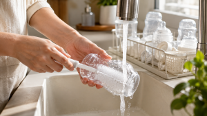 Cleaning a baby bottle with a bottle brush