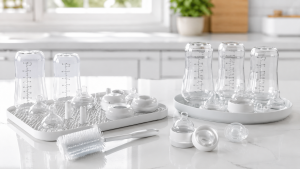 Clean feeding bottles on drying rack
