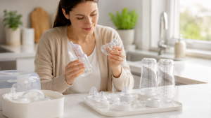 Parent checking feeding accessories