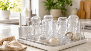 Baby bottles drying on a clean drying rack