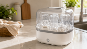 Electric baby bottle sterilizer in use
