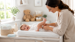 Baby wearing a sensitive skin diaper