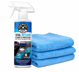 Chemical Guys interior cleaner with blue microfiber towels.