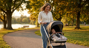Parent using a comfortable baby stroller outdoors