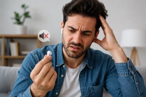 Frustrated Man with Muted Earbud 