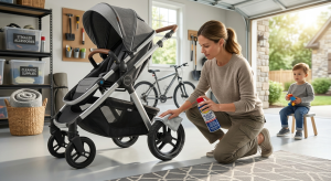 Parent cleaning the wheels of a travel system stroller for regular maintenance