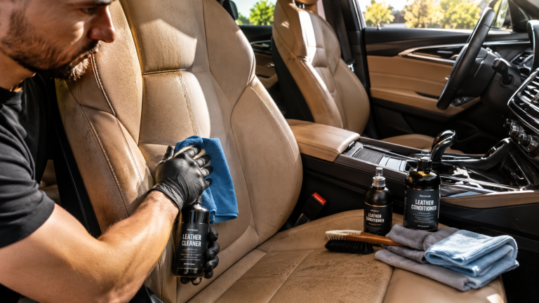 Premium leather car seat cleaning with microfiber cloth inside a luxury car