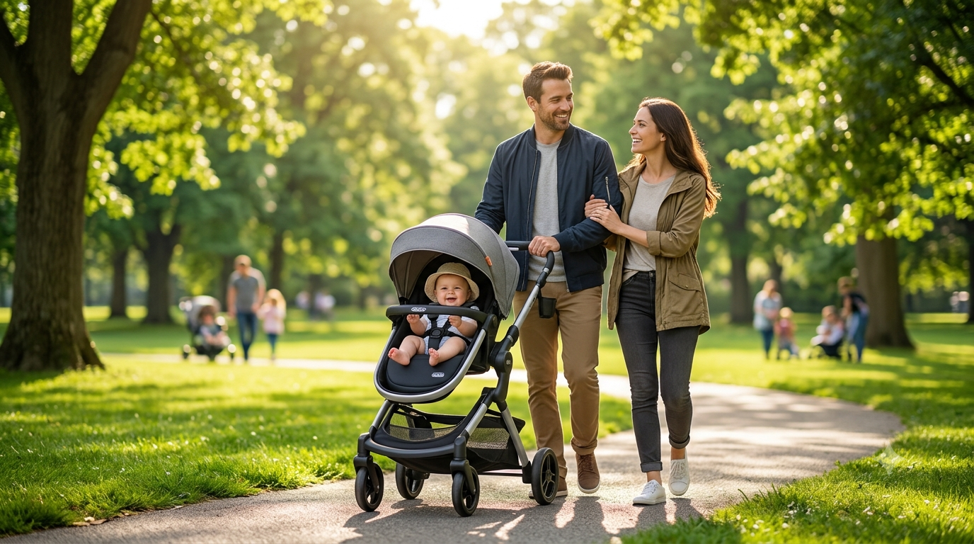 Parents walking with a Graco stroller in a park with their baby