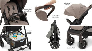 Graco stroller showing one-hand fold, storage basket and five-point safety harness