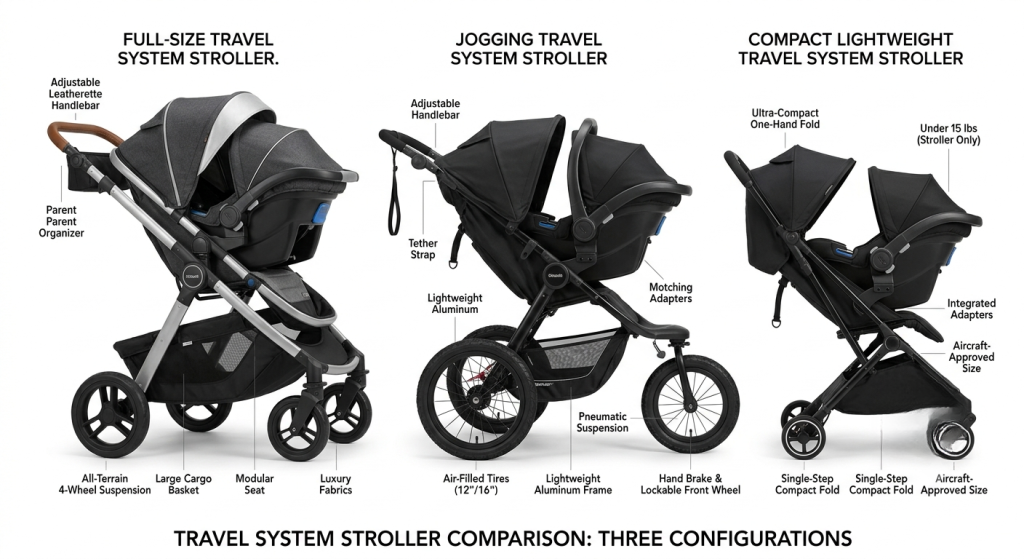 Comparison of full-size, jogging, and compact travel system strollers