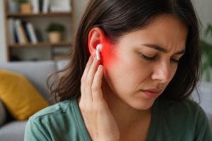 Woman Experiencing Earbud Discomfort 