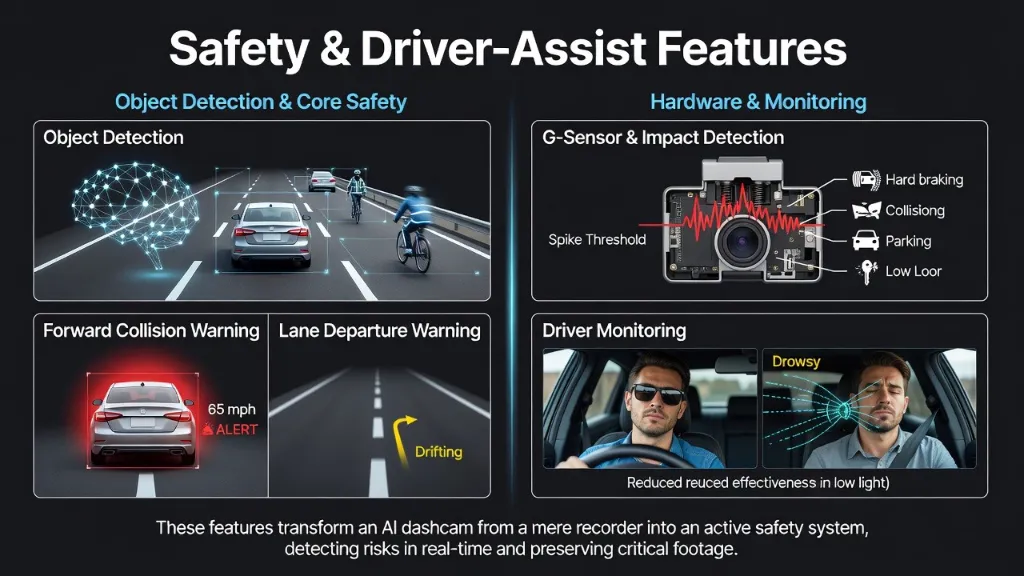 Infographic titled "Safety & Driver-Assist Features" covering object detection, forward collision warning, lane departure warning, G-sensor impact detection, and driver monitoring.