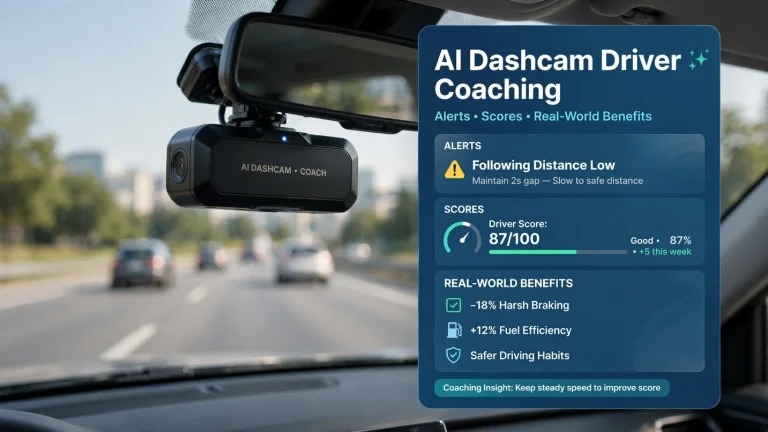 Windshield-mounted device demonstrating AI dashcam driver coaching with following distance alerts and driver scoring metrics.