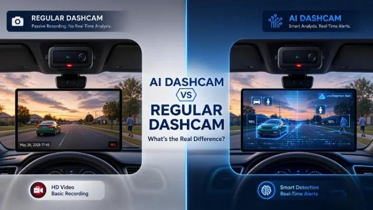 Side-by-side comparison illustrating a regular passive recording dashcam versus a smart AI dashcam with real-time hazard detection and alerts.