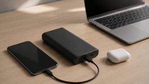 A premium black power bank charging a smartphone via USB-C on a clean desk beside a laptop and wireless earbuds, showing everyday portable charging.