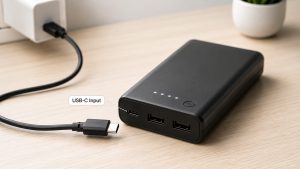 USB-C cable transferring energy into rechargeable lithium-ion cells
