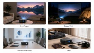 Portable projector used for home entertainment, outdoor movies, travel, and business presentations