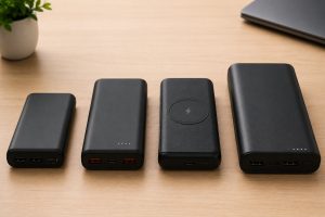 Four portable charging devices displayed side by side, including standard, wireless, fast-charging, and high-capacity models.