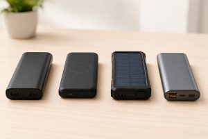 Different types of portable power banks including standard, wireless, solar, and USB-C models