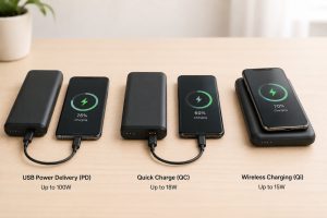 Power Banks and Portable Charging technologies including USB PD, Quick Charge, and wireless charging