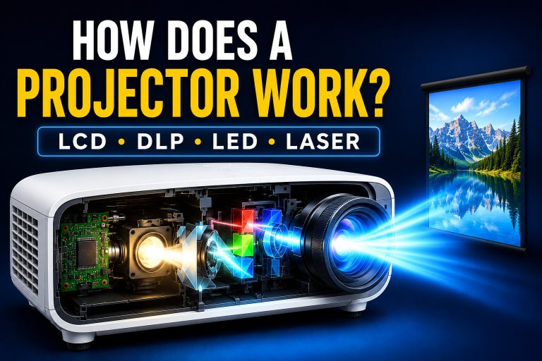 How does a projector work showing the image processor, optical engine, and LCD, DLP, LED, and laser projection technology
