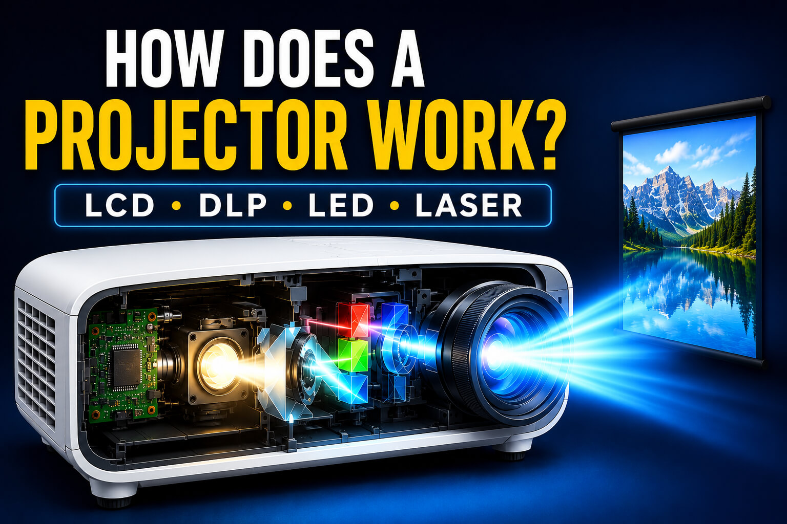 How does a projector work showing the image processor, optical engine, and LCD, DLP, LED, and laser projection technology