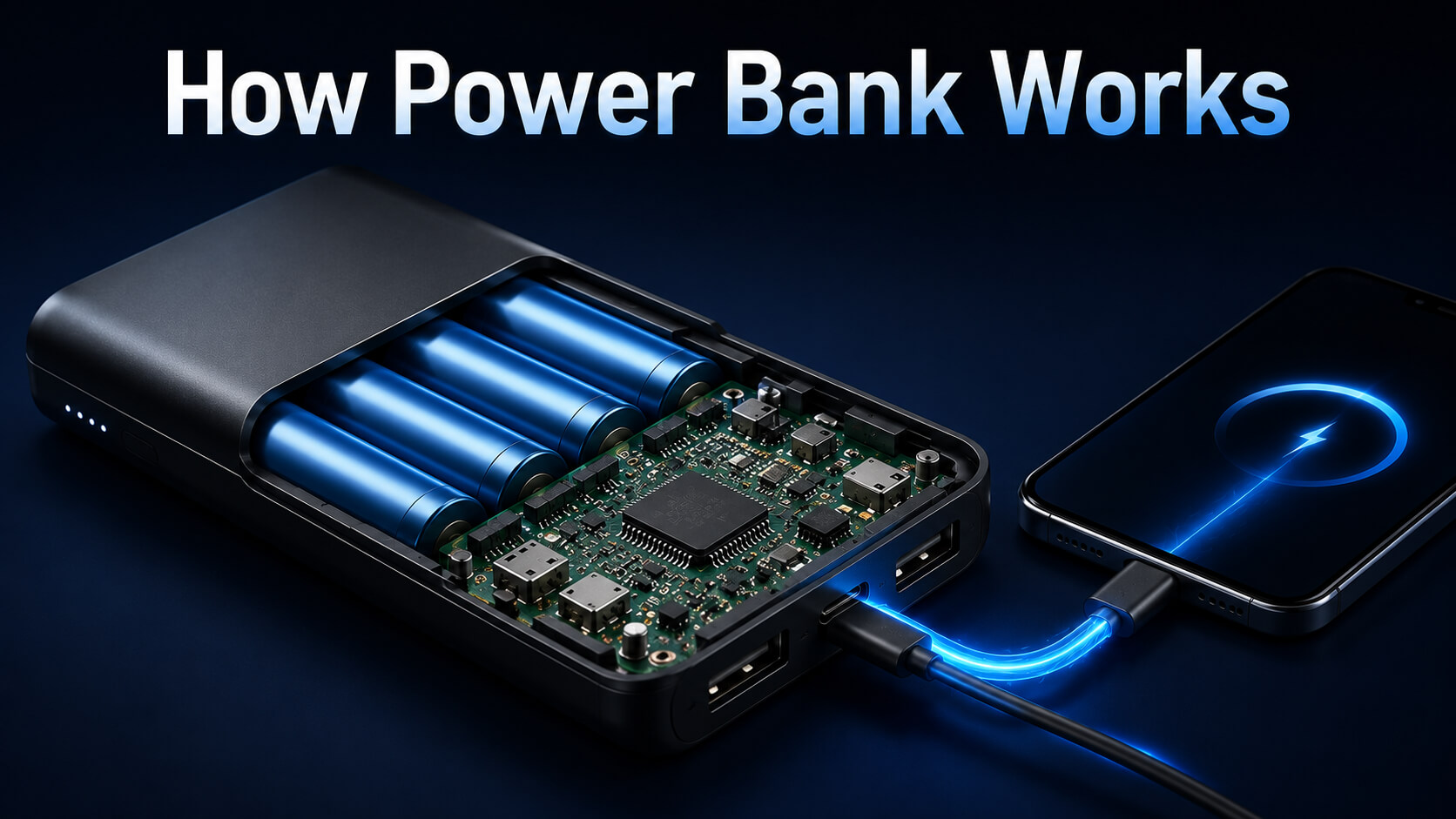 How power bank works showing the internal charging process and battery cells.
