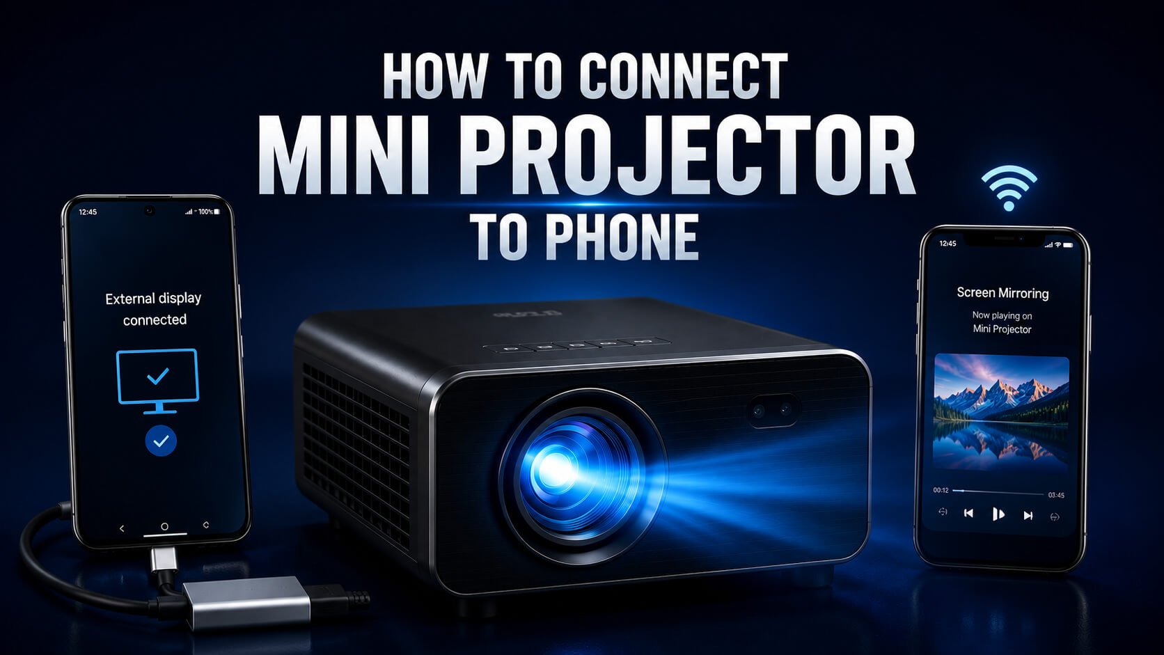 How to connect a mini projector to a phone using USB-C cable or wireless screen mirroring