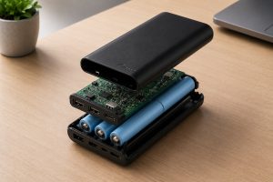 Exploded view of a power bank showing lithium-ion battery cells, circuit board, USB ports, and protective outer casing.