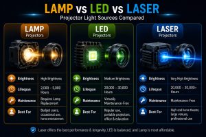 Comparison chart of lamp, LED and laser illumination systems with lifespan and brightness data