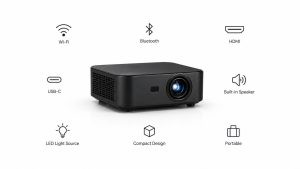 Portable projection device showing Wi-Fi, Bluetooth, HDMI, USB-C, and screen mirroring support