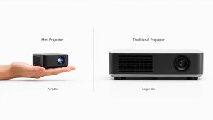 Side-by-side comparison of a compact projector and a standard home theatre projector