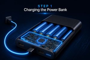 USB-C cable charging a portable battery with electricity flowing into lithium-ion cells