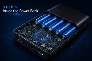 Internal hardware of a portable charger showing battery cells, PCB, and charging controller