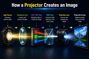 Diagram showing the complete image projection workflow from digital input to screen output