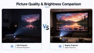 Picture quality and brightness comparison between mini and regular projectors