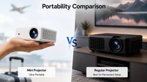 Portable mini projector compared with a regular home projector