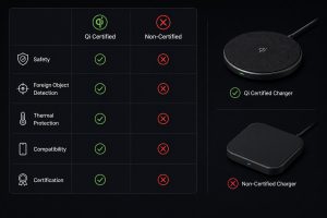 Qi-certified charger compared with a non-certified charger