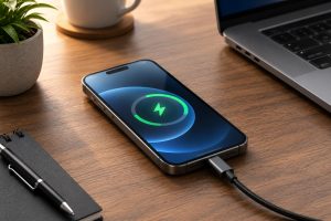 Smartphone connected to a USB-C cable for fast charging on a desk
