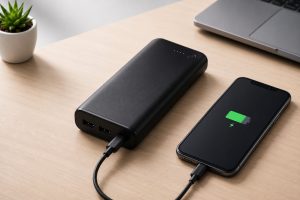 A smartphone connected to a charging device with a USB-C cable on a clean wooden desk