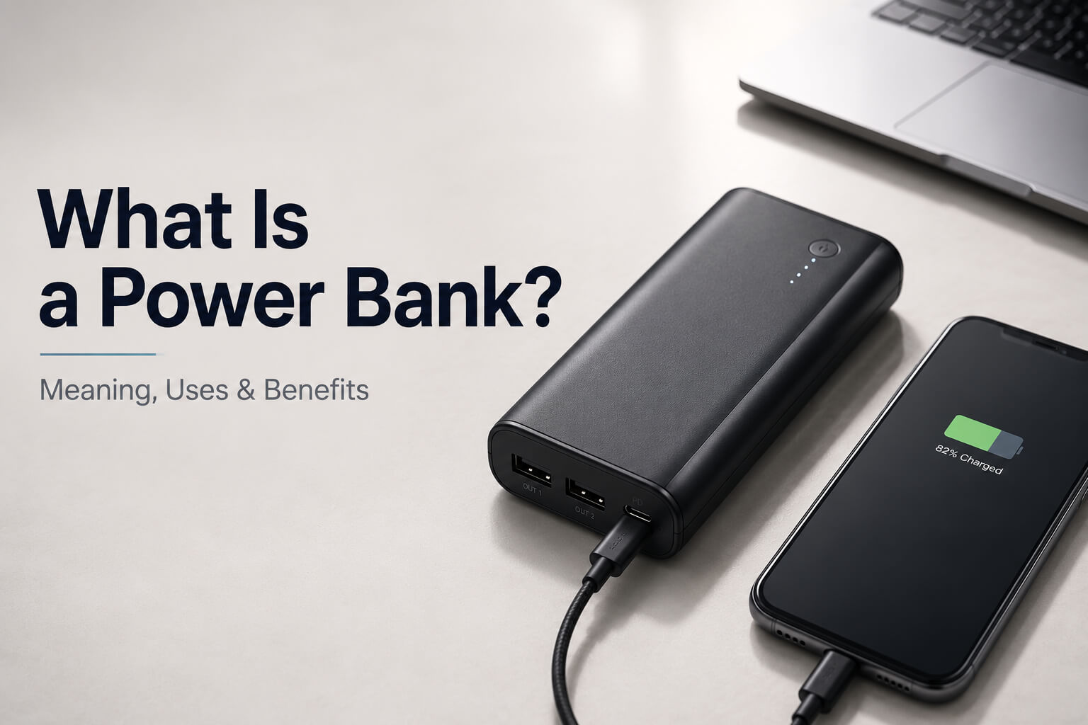 What is a power bank? A premium black portable charger connected to a smartphone on a modern desk.