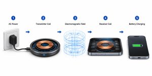 Step by step illustration explaining how wireless charging works