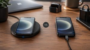 Side-by-side comparison of a smartphone using wireless charging and a USB-C cable connection