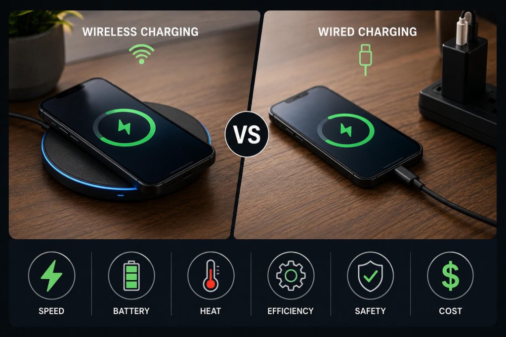 Wireless charging vs wired charging comparison showing a smartphone on a Qi charging pad and a USB-C cable connection
