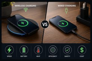 Wireless charging vs wired charging comparison showing a smartphone on a Qi charging pad and a USB-C cable connection